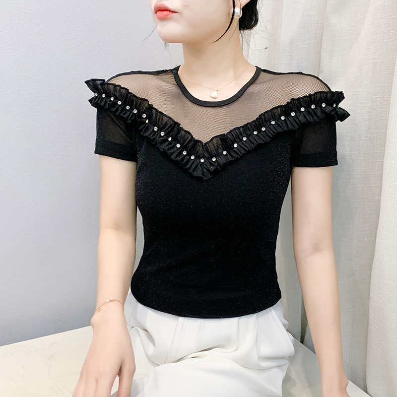 Short sleeve gauze lace tops beading unique T-shirt