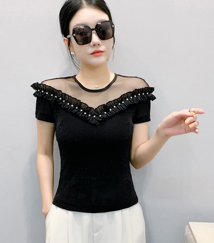 Short sleeve gauze lace tops beading unique T-shirt
