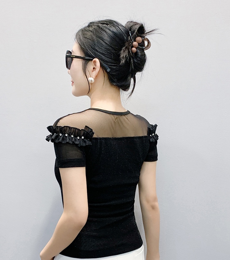 Short sleeve gauze lace tops beading unique T-shirt