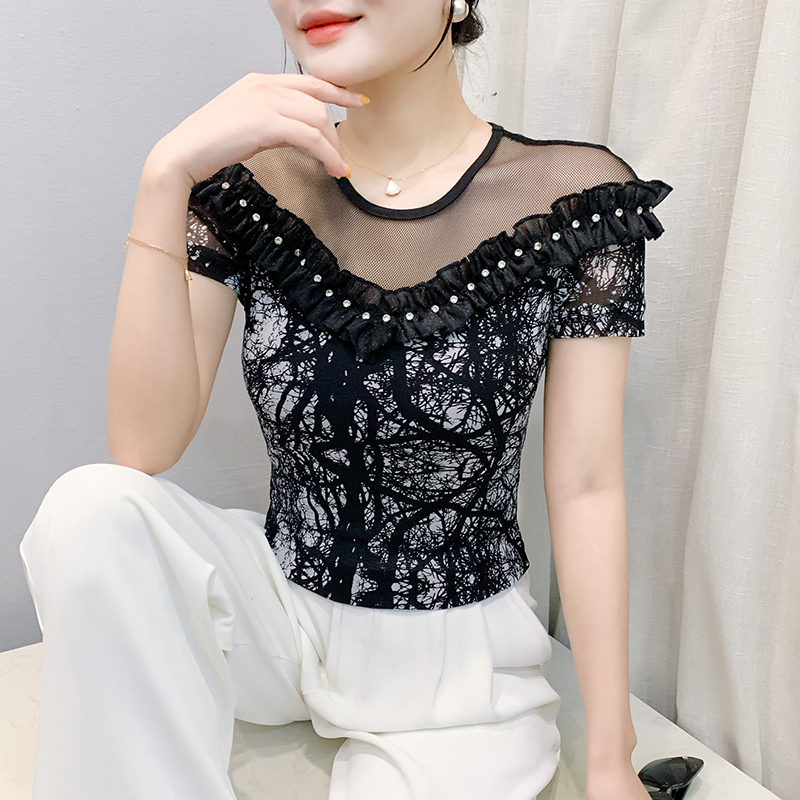 Short sleeve gauze lace tops beading unique T-shirt