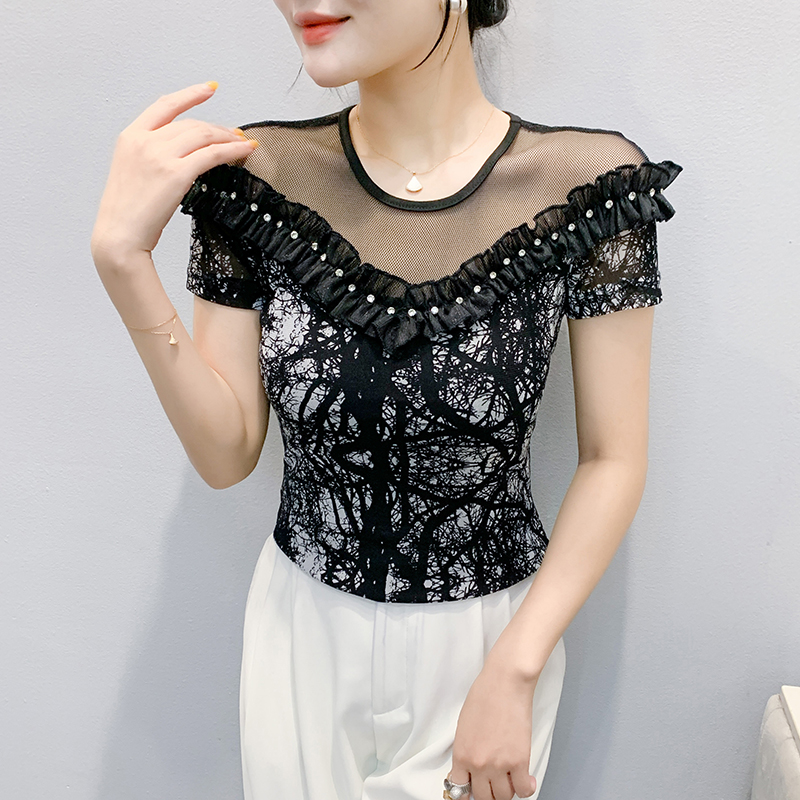 Short sleeve gauze lace tops beading unique T-shirt