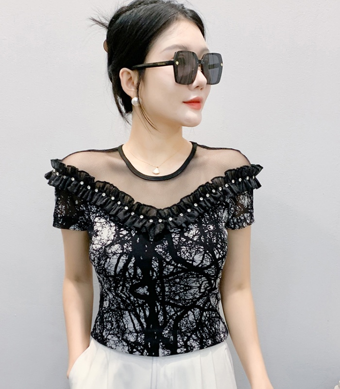 Short sleeve gauze lace tops beading unique T-shirt