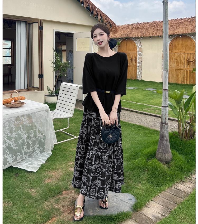 Floral big skirt T-shirt Casual with belt tops 2pcs set
