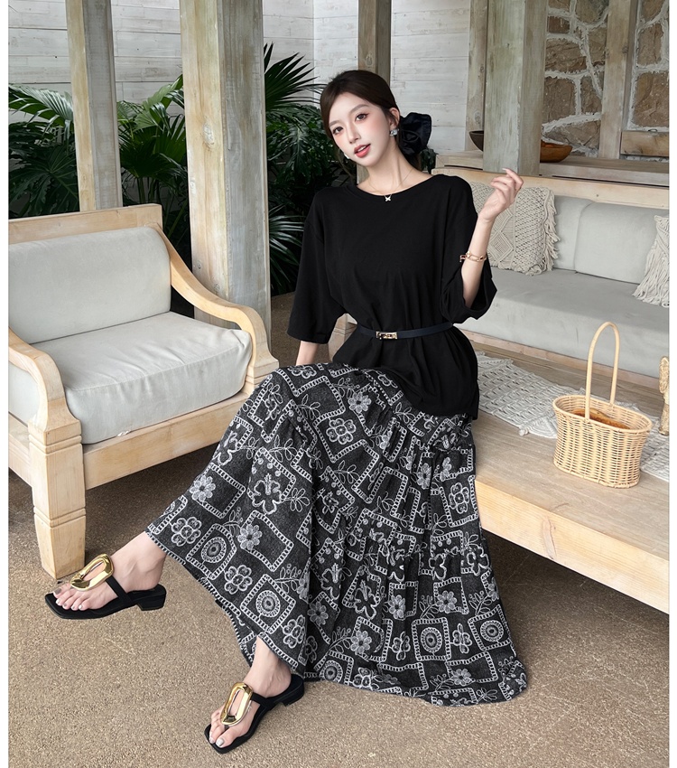 Floral big skirt T-shirt Casual with belt tops 2pcs set