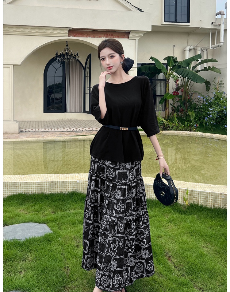 Floral big skirt T-shirt Casual with belt tops 2pcs set