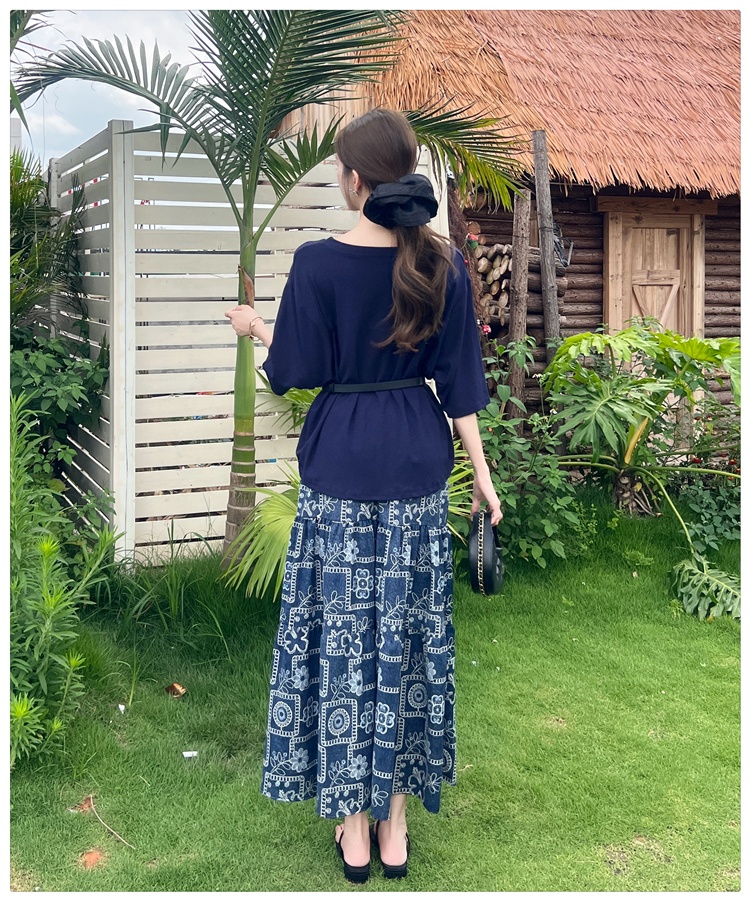 Floral big skirt T-shirt Casual with belt tops 2pcs set