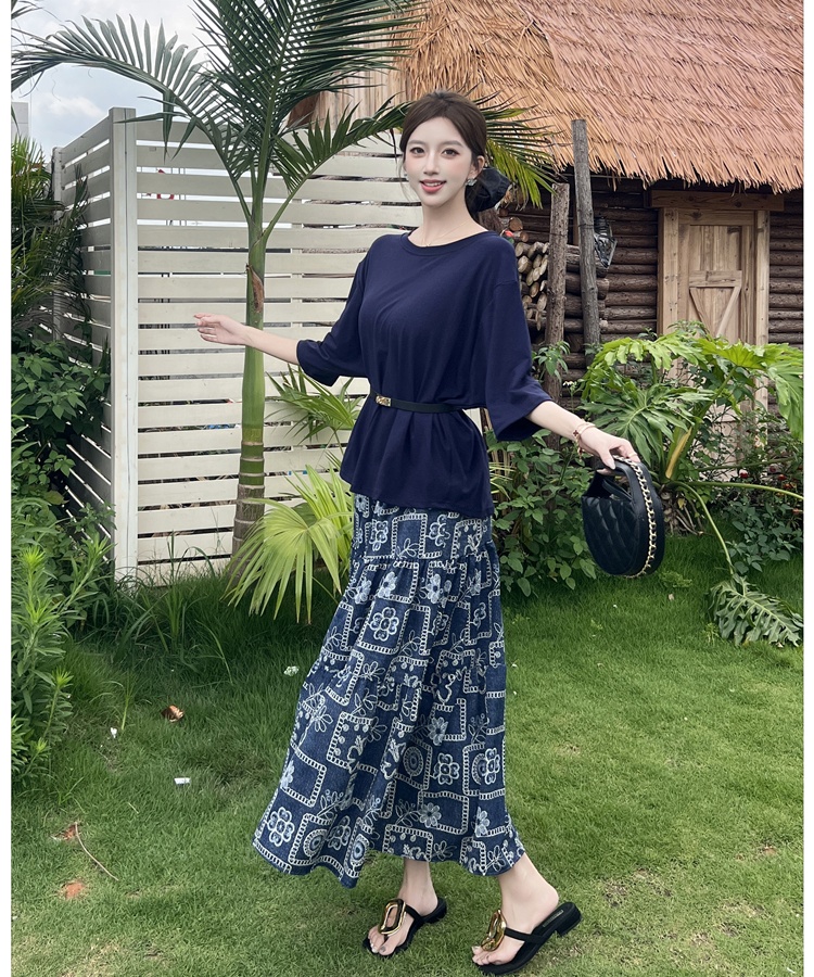 Floral big skirt T-shirt Casual with belt tops 2pcs set