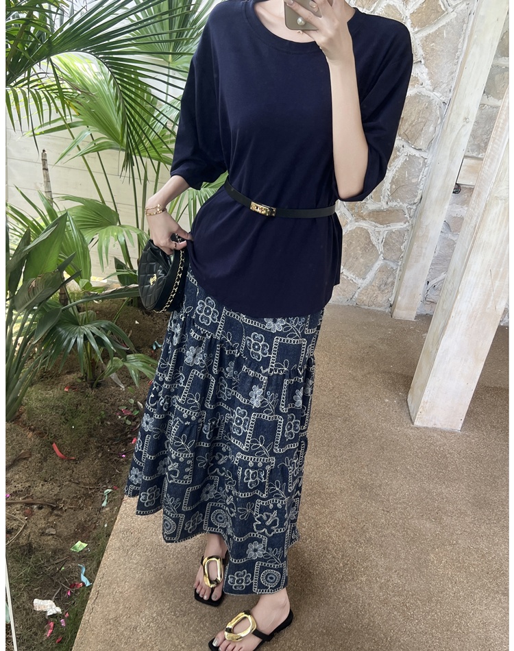 Floral big skirt T-shirt Casual with belt tops 2pcs set