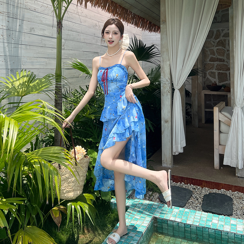 Vacation irregular hem dress sling long dress