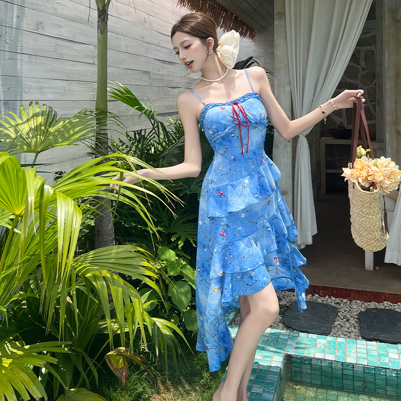 Vacation irregular hem dress sling long dress