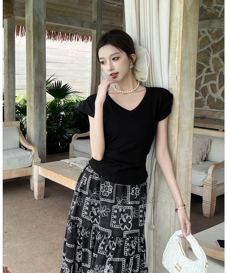 Floral V-neck long skirt slim short sleeve tops a set