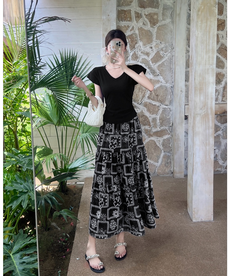 Floral V-neck long skirt slim short sleeve tops a set