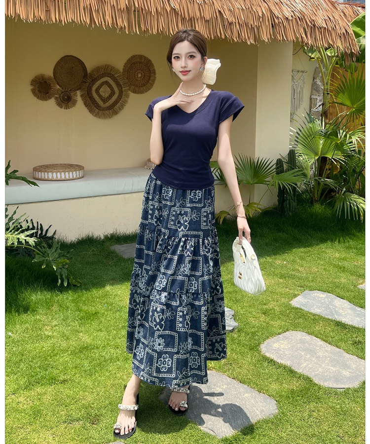 Floral V-neck long skirt slim short sleeve tops a set