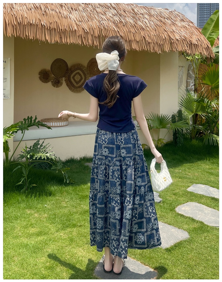 Floral V-neck long skirt slim short sleeve tops a set