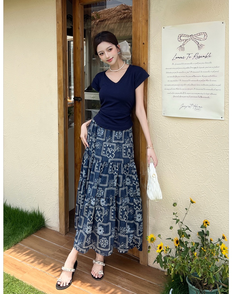 Floral V-neck long skirt slim short sleeve tops a set