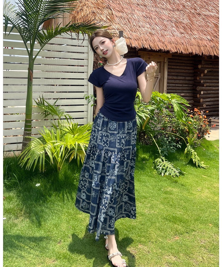 Floral V-neck long skirt slim short sleeve tops a set