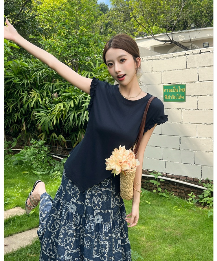 Floral hollow T-shirt big skirt wood ear skirt a set