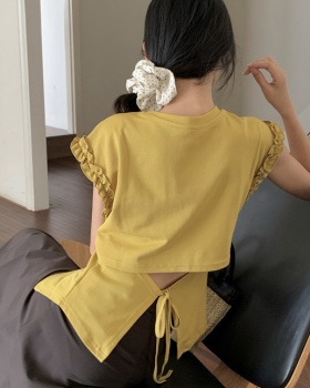 Irregular wood ear back hollow tops round neck tether T-shirt