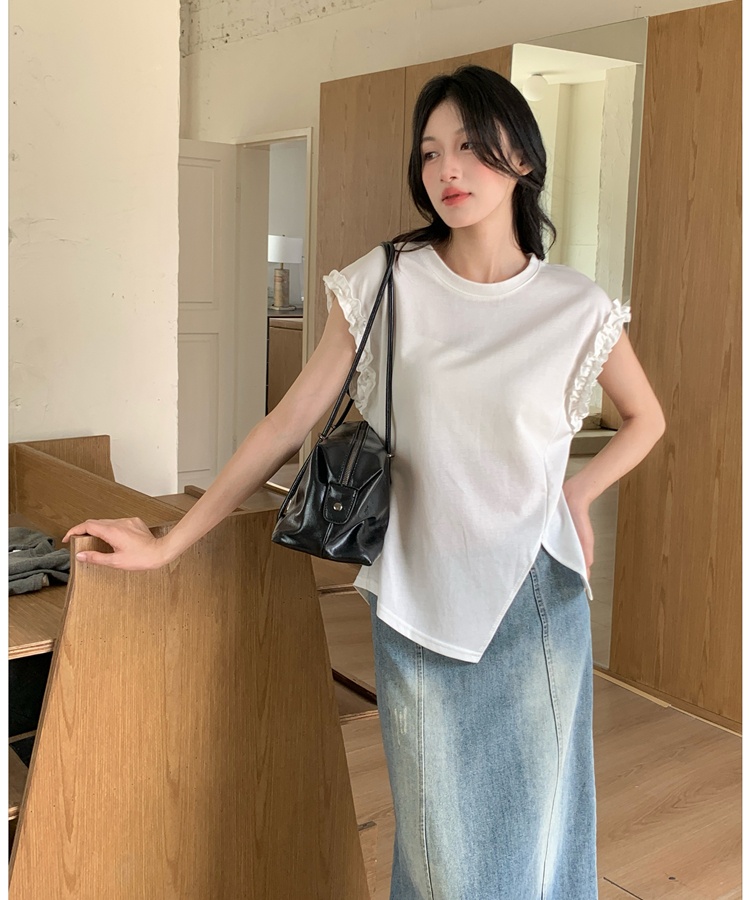 Irregular wood ear back hollow tops round neck tether T-shirt