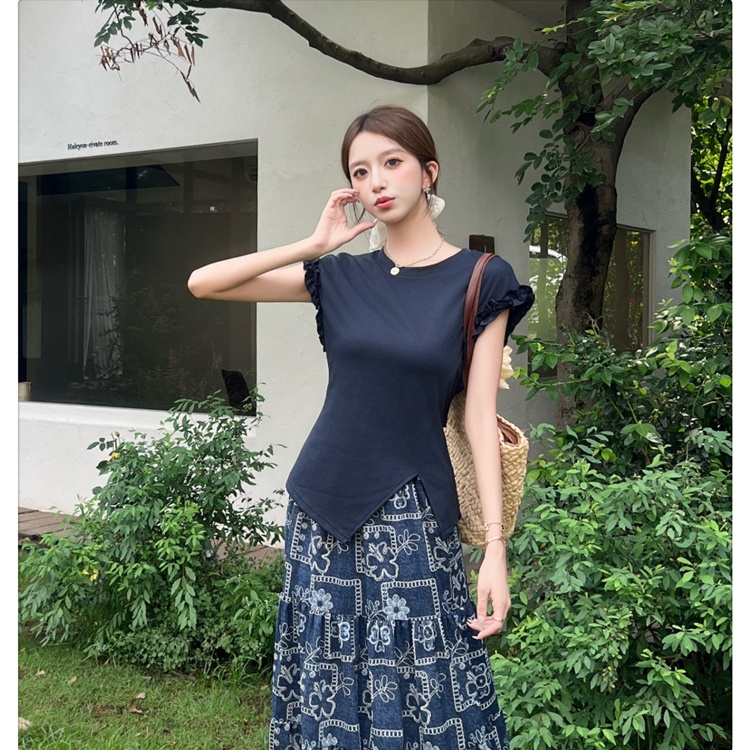 Irregular wood ear back hollow tops round neck tether T-shirt