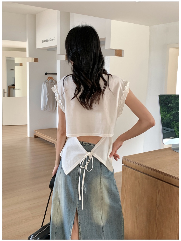 Irregular wood ear back hollow tops round neck tether T-shirt
