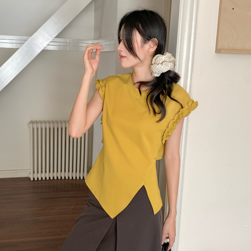 Irregular wood ear back hollow tops round neck tether T-shirt