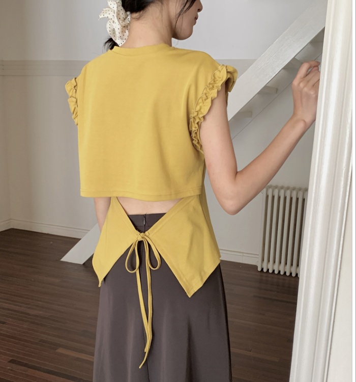 Irregular wood ear back hollow tops round neck tether T-shirt