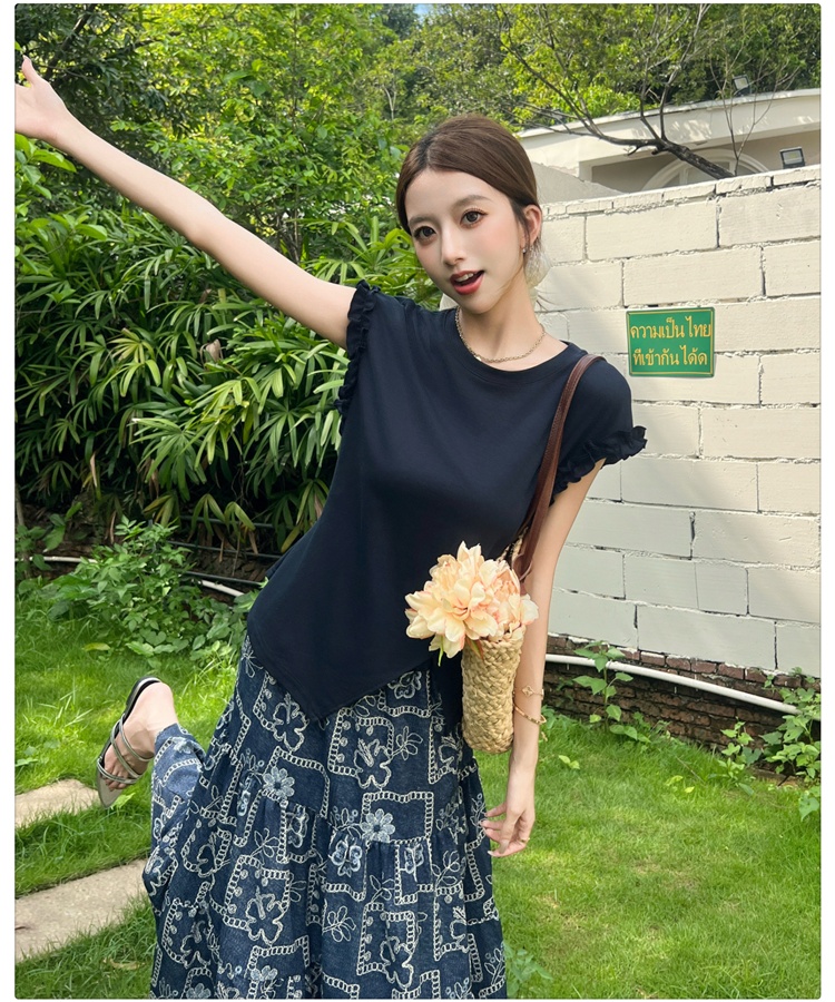 Irregular wood ear back hollow tops round neck tether T-shirt