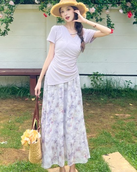 Summer France style slim tops floral V-neck T-shirt 2pcs set