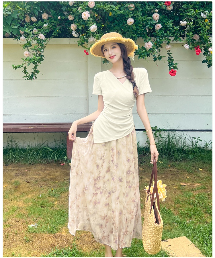 Summer France style slim tops floral V-neck T-shirt 2pcs set