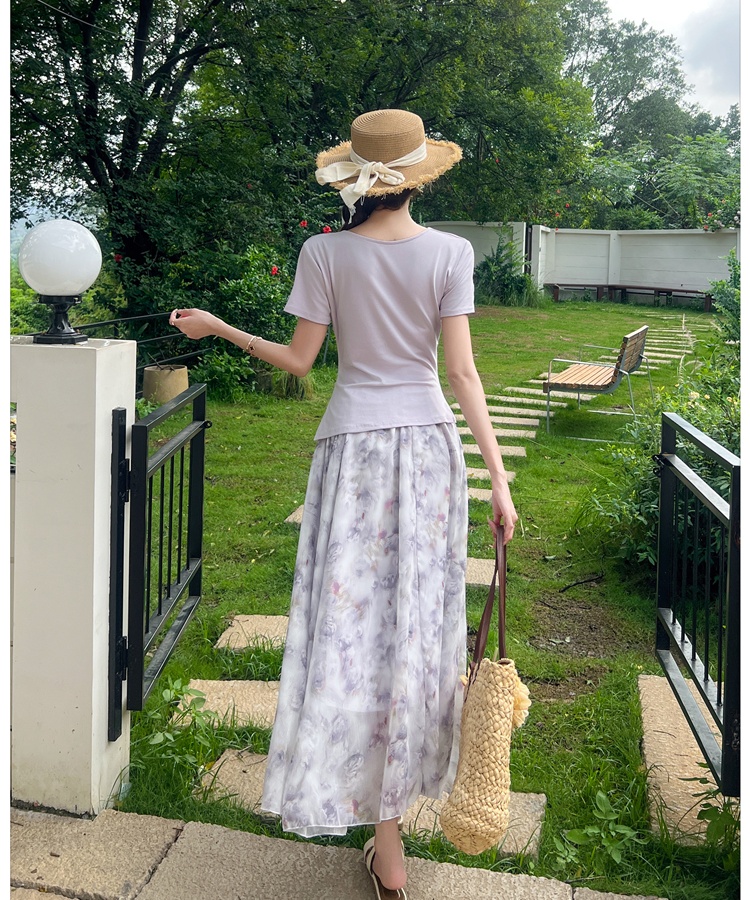 Summer France style slim tops floral V-neck T-shirt 2pcs set