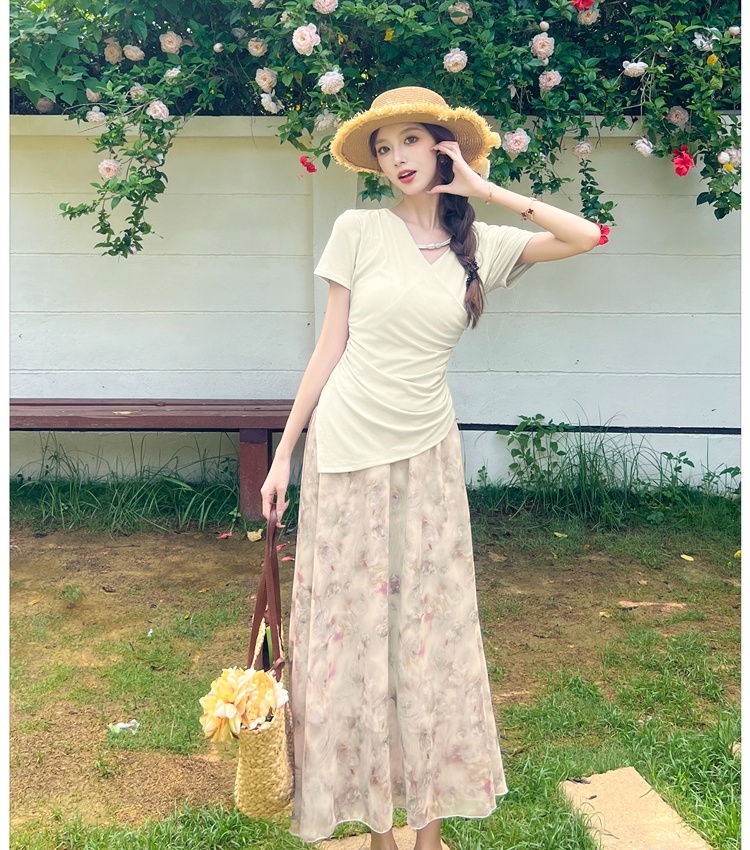 Summer France style slim tops floral V-neck T-shirt 2pcs set