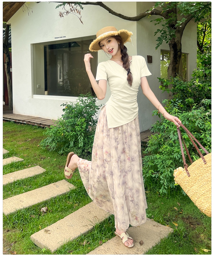 Summer France style slim tops floral V-neck T-shirt 2pcs set