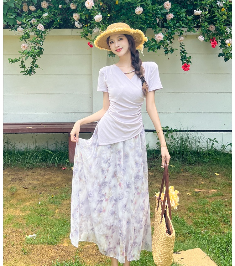 Summer France style slim tops floral V-neck T-shirt 2pcs set
