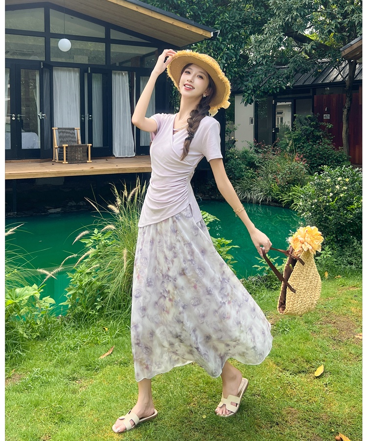 Summer France style slim tops floral V-neck T-shirt 2pcs set