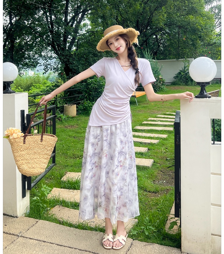 Summer France style slim tops floral V-neck T-shirt 2pcs set