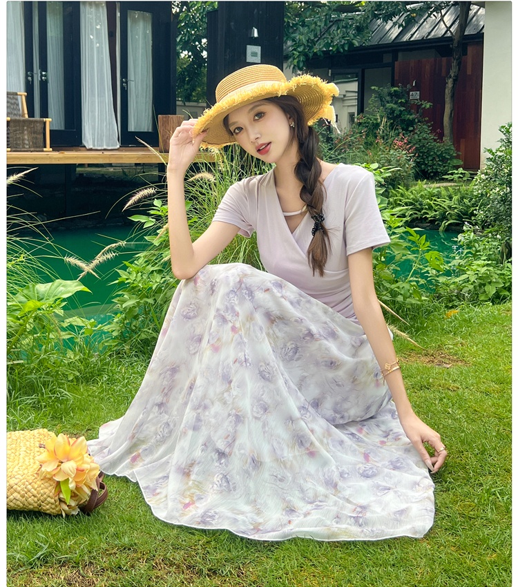 Summer France style slim tops floral V-neck T-shirt 2pcs set
