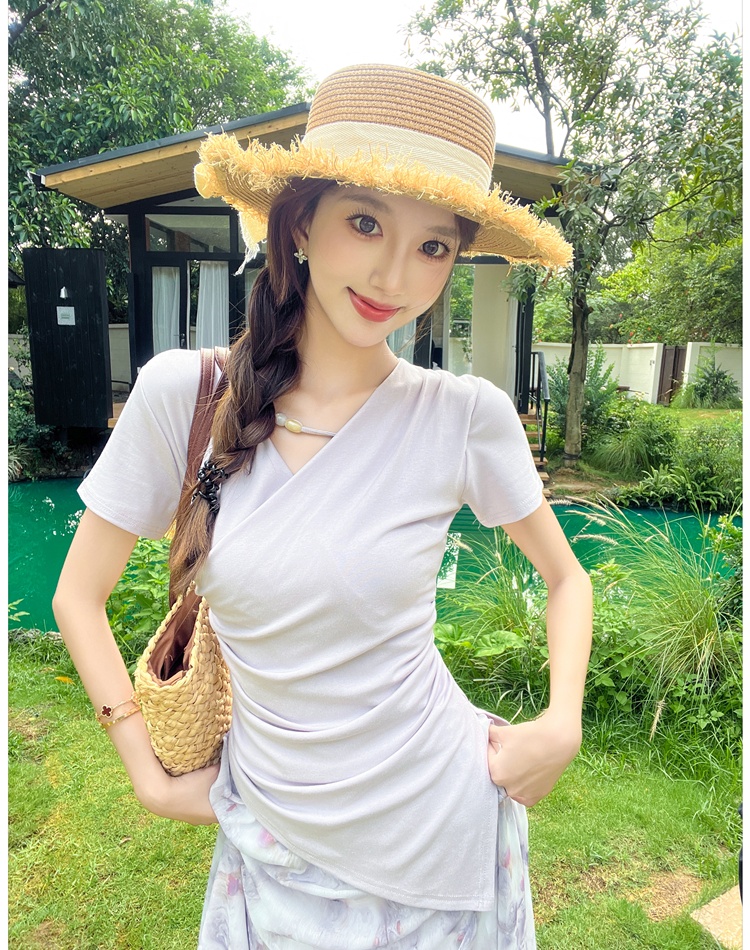 Summer France style slim tops floral V-neck T-shirt 2pcs set