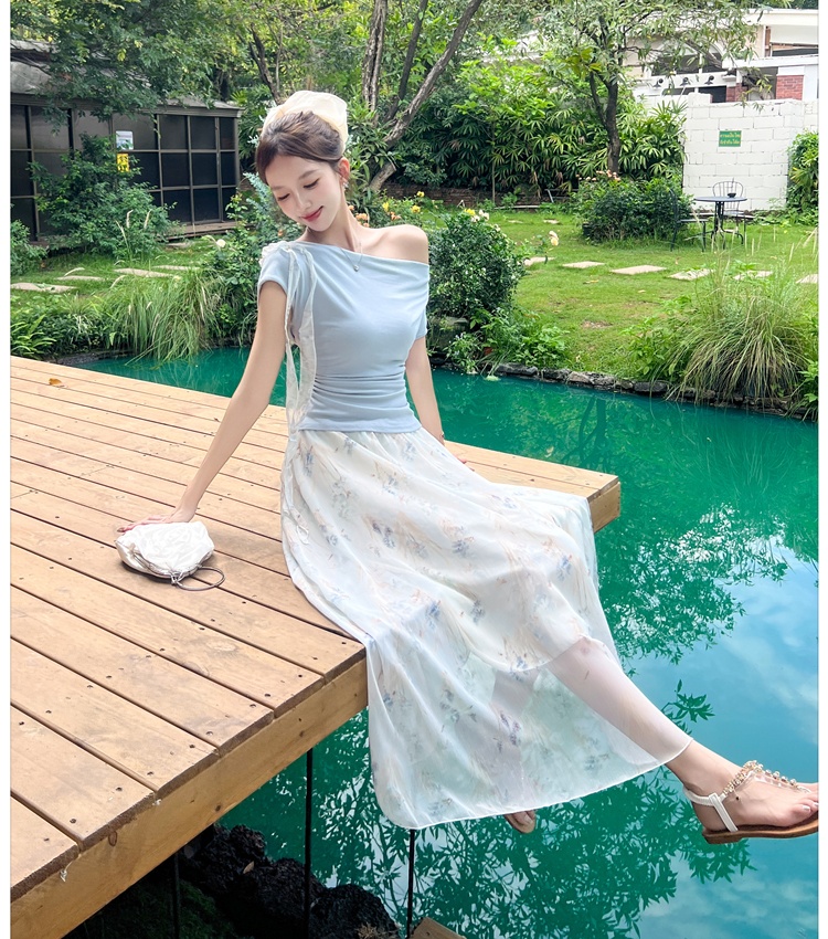 Floral temperament tops chiffon T-shirt 2pcs set