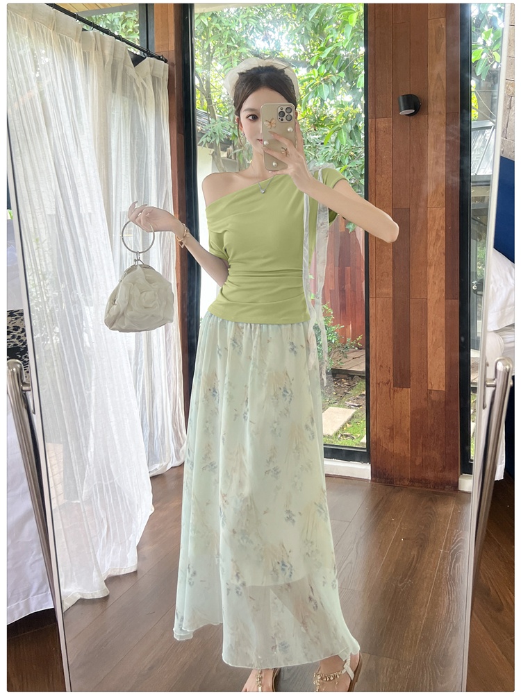 Floral temperament tops chiffon T-shirt 2pcs set
