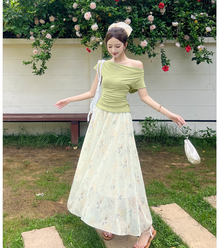 Floral temperament tops chiffon T-shirt 2pcs set