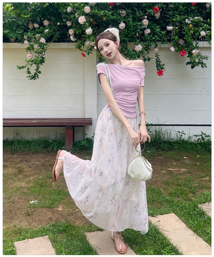 Floral temperament tops chiffon T-shirt 2pcs set