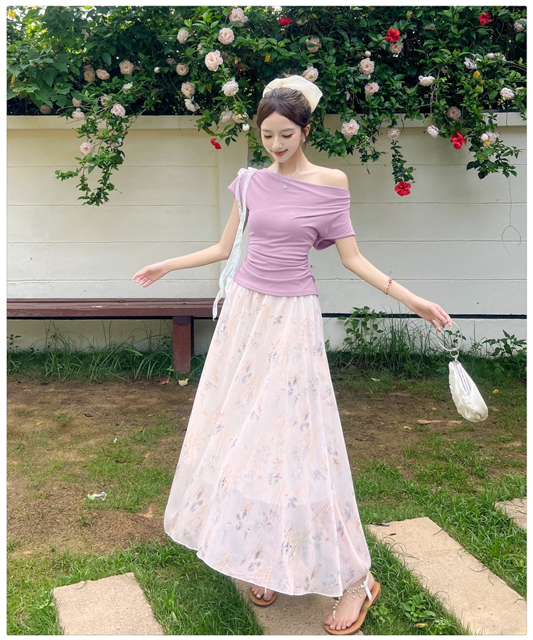 Floral temperament tops chiffon T-shirt 2pcs set
