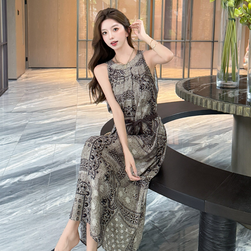 Printing pinched waist dress vacation belt
