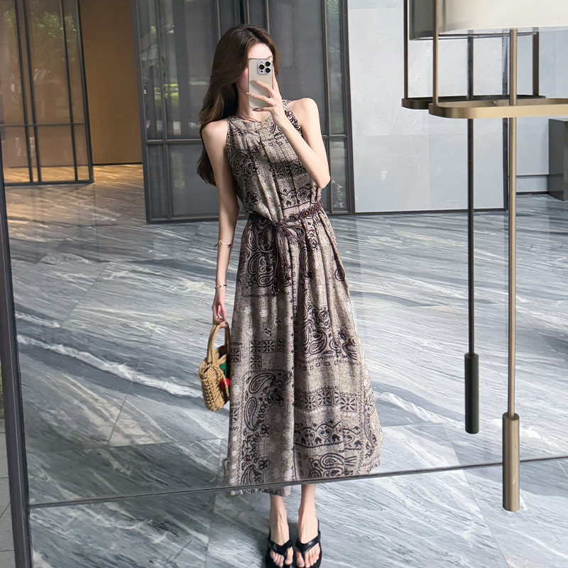 Printing pinched waist dress vacation belt