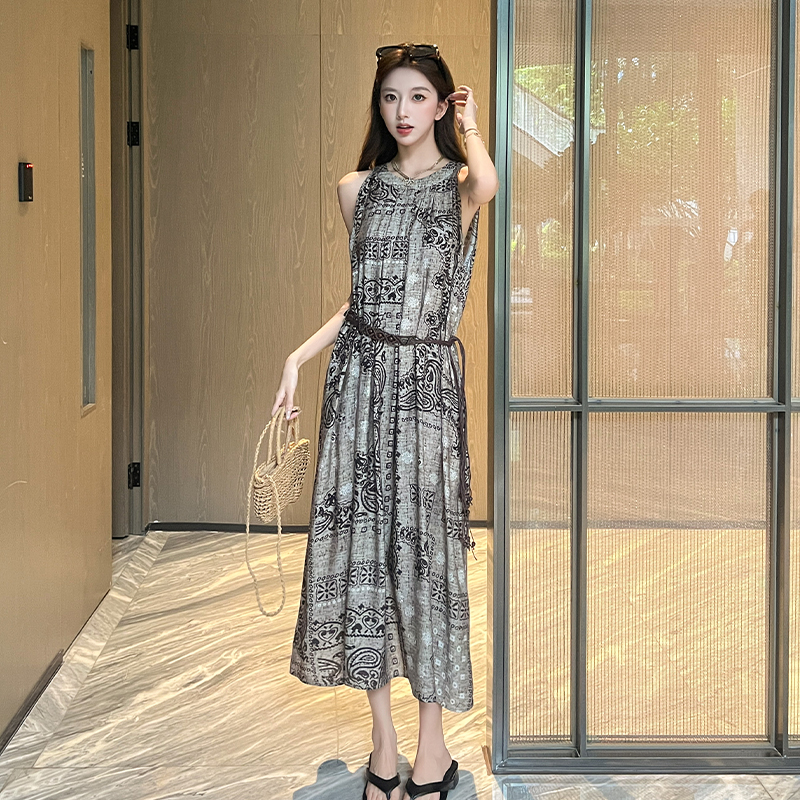 Printing pinched waist dress vacation belt