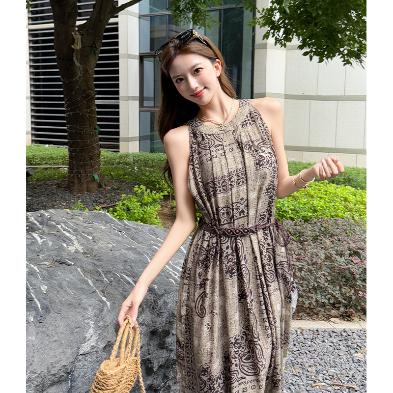 Printing pinched waist dress vacation belt