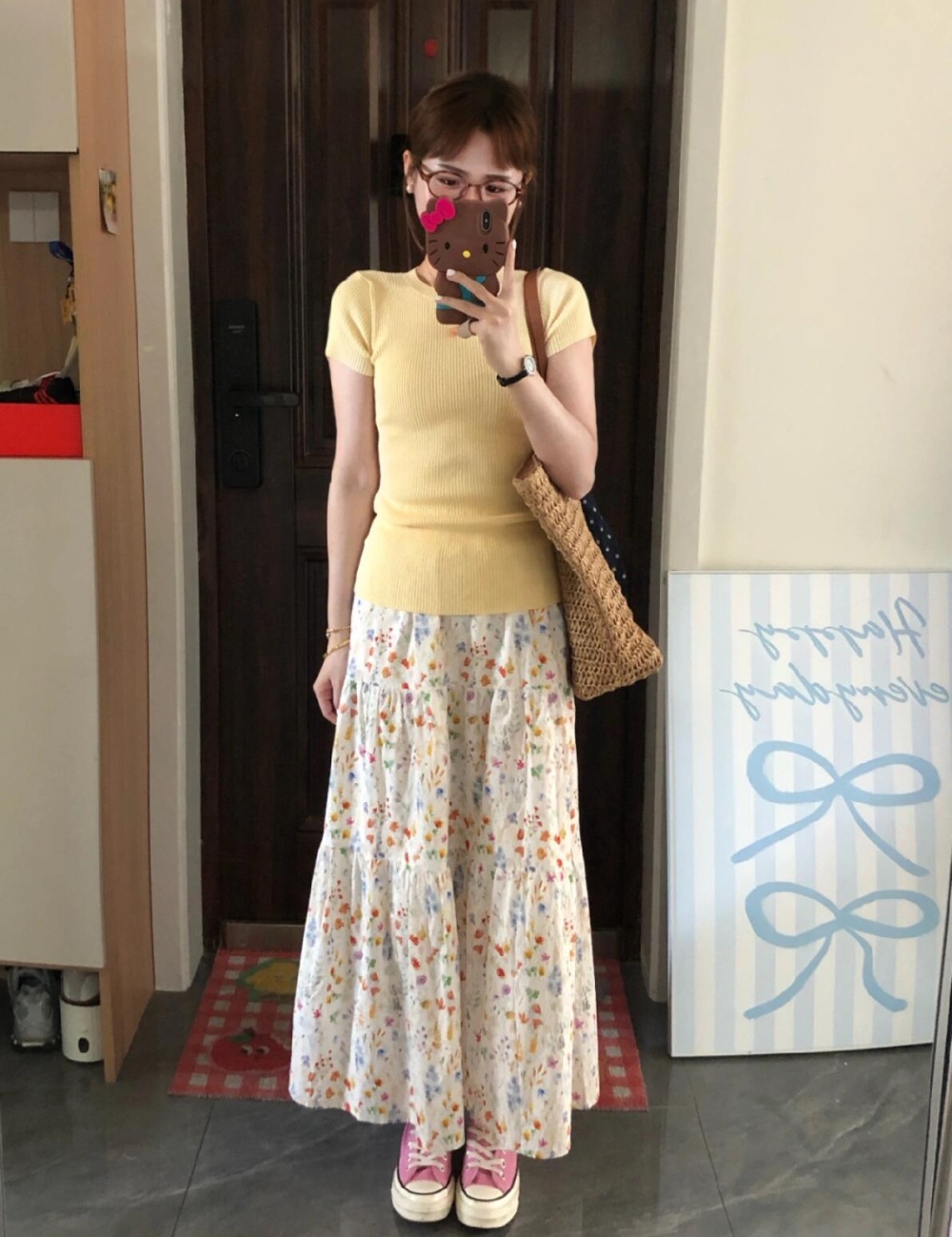 Yellow skirt floral small shirt a set for women