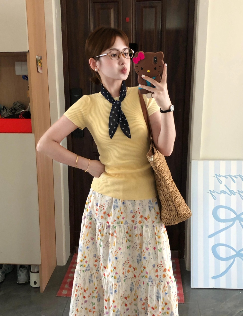 Yellow skirt floral small shirt a set for women