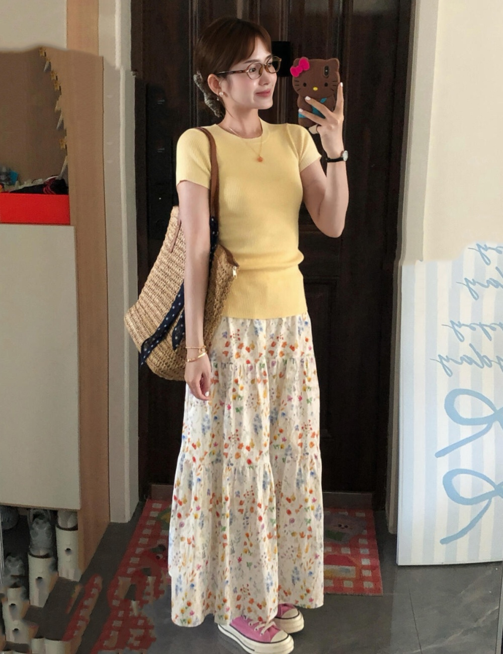 Yellow skirt floral small shirt a set for women